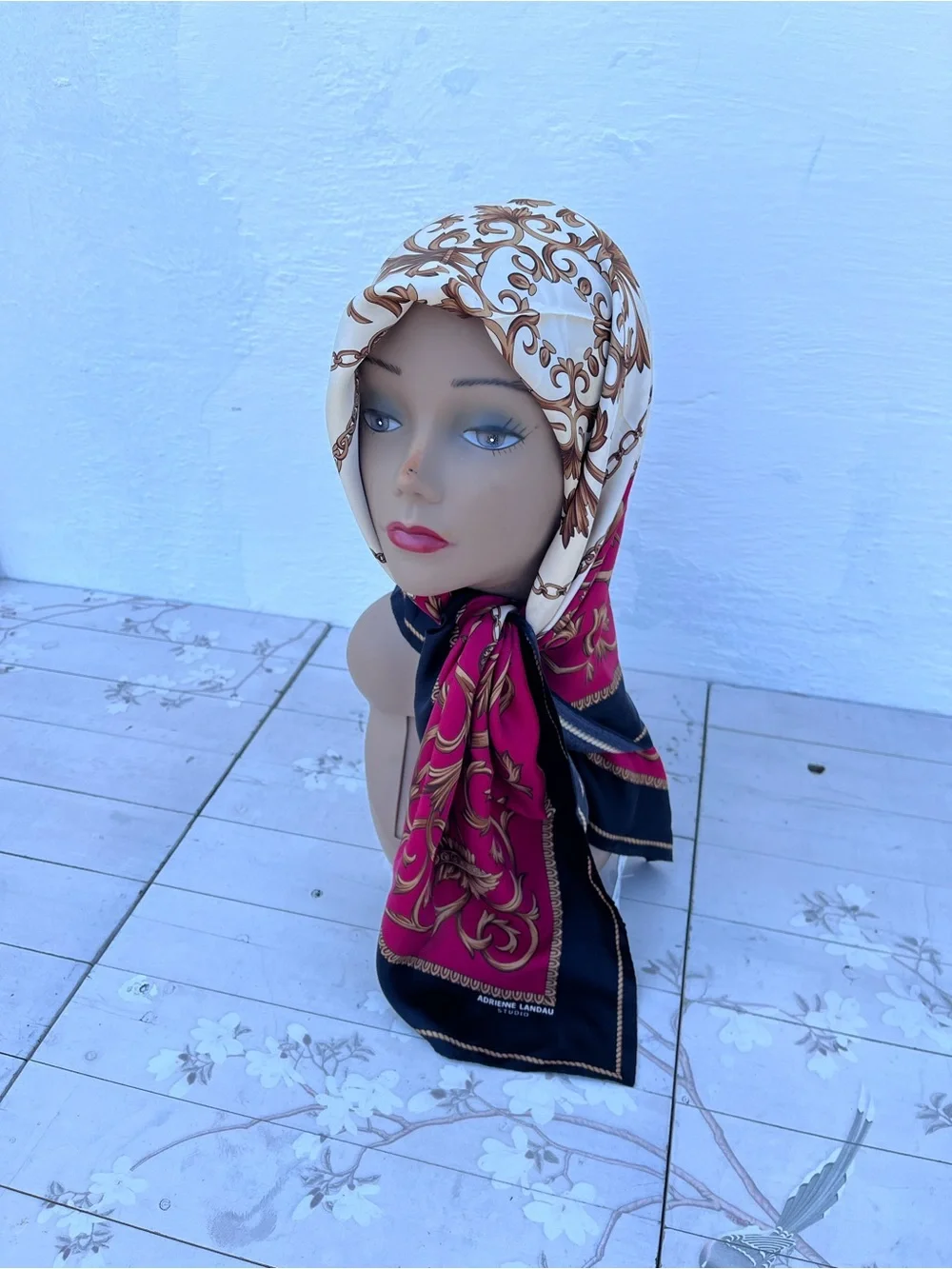 Adrienne Landau Cream and Burgundy Ornate Silk Scarf
